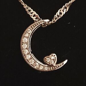 Sterling Silver Crescent Moon and Heart Pendant Necklace